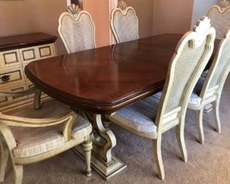 Vintage Dining Table w 2 Leaves, 2 Arm Chairs and 6 Side Chairs, Matching Buffet/Server and Lighted Hutch 