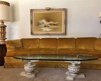 Vintage Heritage Gold Sofa, Oval Glass w Double Pedestal Coffee Table, Oversized Vintage Lamp, Octagon Table 