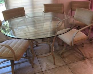 Minson Beveled Glass Top Table  w 6 Rolling Chairs 