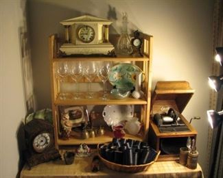Vintage clocks, Edison player, Lenox wine glasses