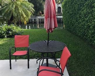 TABLE, 2 CHAIRS & UMBRELLA