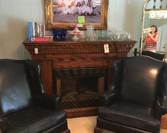 FIREPLACE, PAIR LEATHER WING CHAIRS