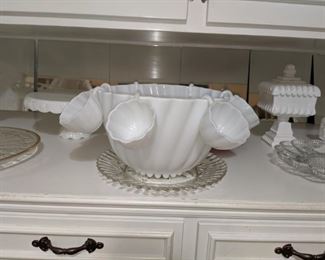 milk glass punch bowl and cups
