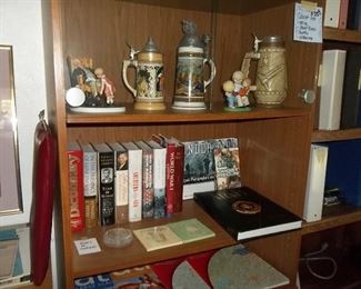 bookcase, steins, books