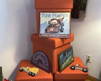 Fun Storage Ottomans with "Cars" Faux Vintage Signs!