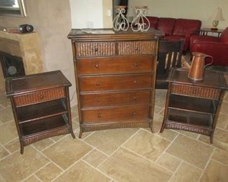 Darkwood with Woven Fronts Highboy Chest of  Drawers and 2 Nightstands
