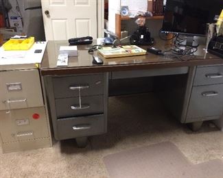 Metal office desk and file cabinet