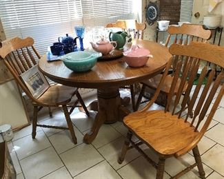 Round Oak single pedestal table and chairs