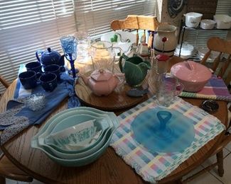 Vintage Kitchen items, including Pyrex, satin glass, Hall, etc.