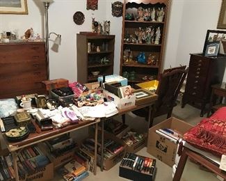 Books, Vintage Items, Asian figurines, Bookcases with light.