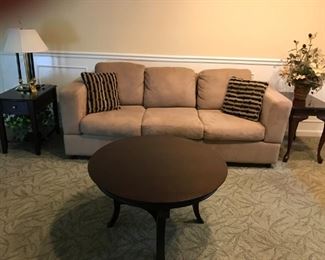 3 Cushion Sofa, Round Coffee Table, End Tables, Lamp