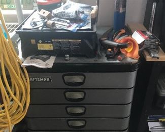 Tools, saws, pressure washer, shopvac, tile saw, dump cart, generator, ladders, edger, husky tool boxes and cabinets.