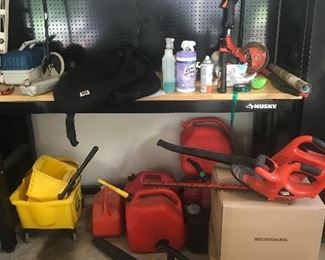 Tools, saws, pressure washer, shopvac, tile saw, dump cart, generator, ladders, edger, husky tool boxes and cabinets.
