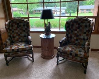 Henredon wing back chairs, terra cotta/gray/brown, durable weave.  Very little use.  Fluted barrel pecan wood, 2-door granite top table.  Turkey lamp with wooden base.  