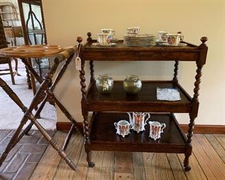 Bailey Twist Tea Cart, England.  3-tier, twisted leg, oak cart from England, on wheels. RS Prussia German chocolate set.   2 Cameo glass vases.  Royal Worcester dessert service for 6. Butler tray.  