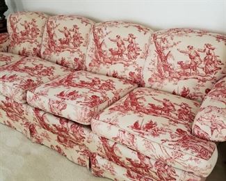 red toile couch
