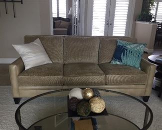 Robb & Stuckey leather & fabric sofa; down cushions