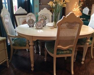 Chalk-painted Drexel heritage table with hand-painted seat cushions