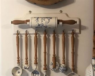 Blue Onion Kitchen utensils and wall rack. 