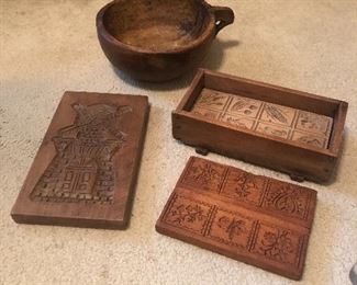 Large primitive bowl and butter stamp mold 