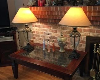 glass top coffee table  $75.00  pair lamps $25.00