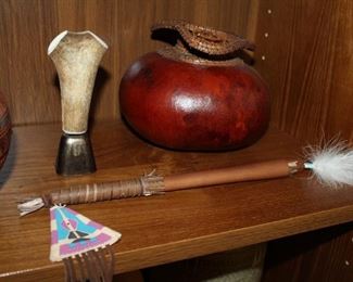 INDOOR, WING 1,  First Room on Left, Gourd Vase Handmade Louisiana/Antler Bells/Dancing Stick