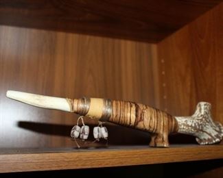 INDOOR, WING 1,  First Room on Left, Peace Pipe-Ron Locret (Wood, antler, turquoise)