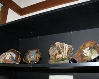 INDOOR, WING 1,  First Room on Left,  Syl's Echoes of Nature on cross sections of polished rock