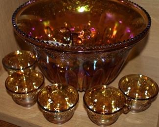 INDOOR, CHECKOUT AREA, LIVING ROOM,  Princess Amber Carnival glass punch bowl $75