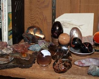 INDOOR, WING 2, LAST ROOM ON LEFT, Copper Ore, rutilated quartz, mother of pearl, fossils, natural stone eggs, spheres, and pyramids, amber