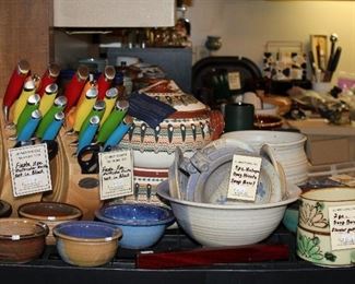 INDOOR, FIRST AREA TO LEFT AFTER ENTERING MAIN HOUSE, Fiesta 11 pc Knives $65/Hively Pottery/Troyan Bulgaria Pots
