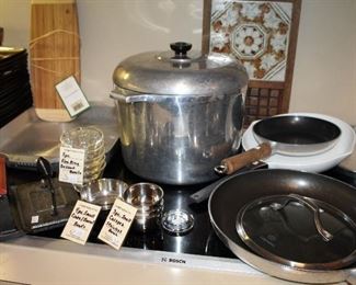 INDOOR, FIRST AREA TO LEFT AFTER ENTERING MAIN HOUSE, Corning WAre Skillet, Magnalite 12 quarts $100/Calphalon