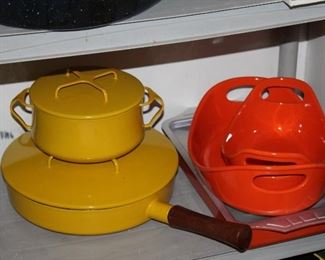 INDOOR, FIRST AREA TO LEFT AFTER ENTERING MAIN HOUSE, Orange Rachael Ray Dishes $15-$20/Dansk Yellow Pots $30-$48