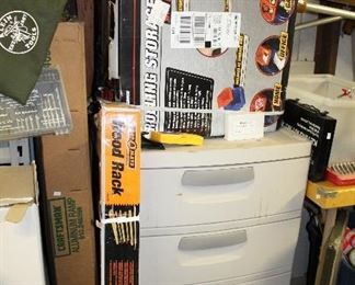 OUTDOOR, DOUBLE BLUE DOOR STORAGE ROOM, rolling storage bin rack new in box $75