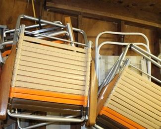 OUTDOOR, DOUBLE BLUE DOOR STORAGE ROOM, Wood handled vintage lawn chairs and rockers $28 each/ Lafuma Futura zero gravity New $95