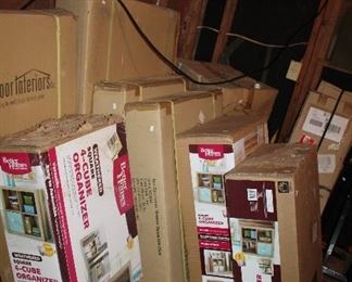 OUTDOOR, DOUBLE BLUE DOOR STORAGE ROOM, shelving and patio furn in box