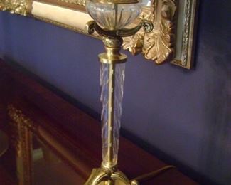 Pair of brass and etched crystal lamps are 32 inches tall.
