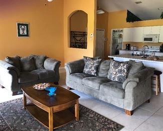 Plush and comfy!  Couch, Loveseat, End Table & Rug; take all for $250.
