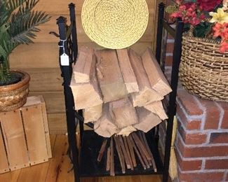 Firewood holder with fireplace utensils