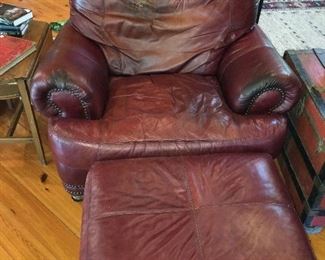 Leather Chair and ottoman, (some wear on the head of chair)
