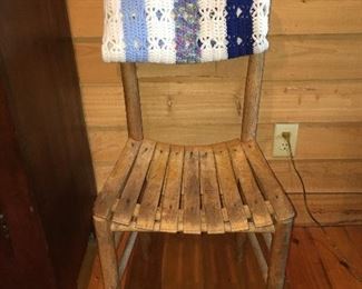 Wooden chair, Afghan with multiple Blue Hues 