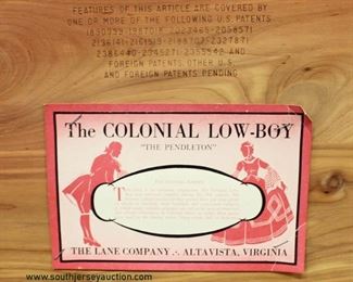 Mahogany Queen Anne “Lane Furniture” Lift Top Cedar Chest
Auction Estimate $100-$200 – Located Inside
