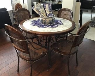 Iron  & Wood Marble Inlay Table & Chairs