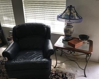 Blue Leather Chair, Iron Glass End Table