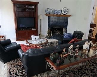 Blue Leather Sofa & 2 leather club chairs                                Glass Top Iron Base Sofa Table                                                          Gorgeous Rug