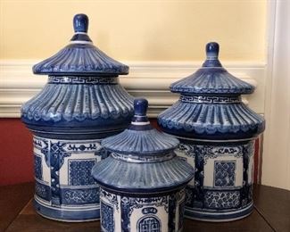 Blue and white canister set