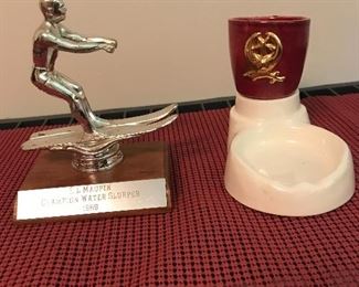 Older ski trophy "1969" and Shriner tray