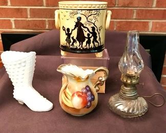 "Capila" silloeuete bowl, antique child's oil lamp, Fenton shoe, Bavaria pitcher.