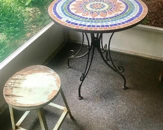 Mosaic top patio table, metal stool