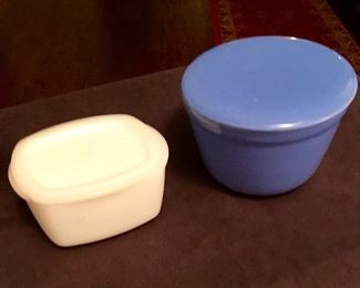 Small white refrigerator dish marked F. Blue round refrigerator dish marked Oxford Ware USA